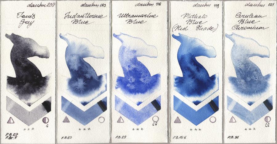 Daniel Smith 239 Janes Grey, 043 Indanthrone Blue, 106 Ultramarine Blue, 119 Phthalo Blue (Red Shade), 021 Cerulean Blue Chromi watercolor swatch