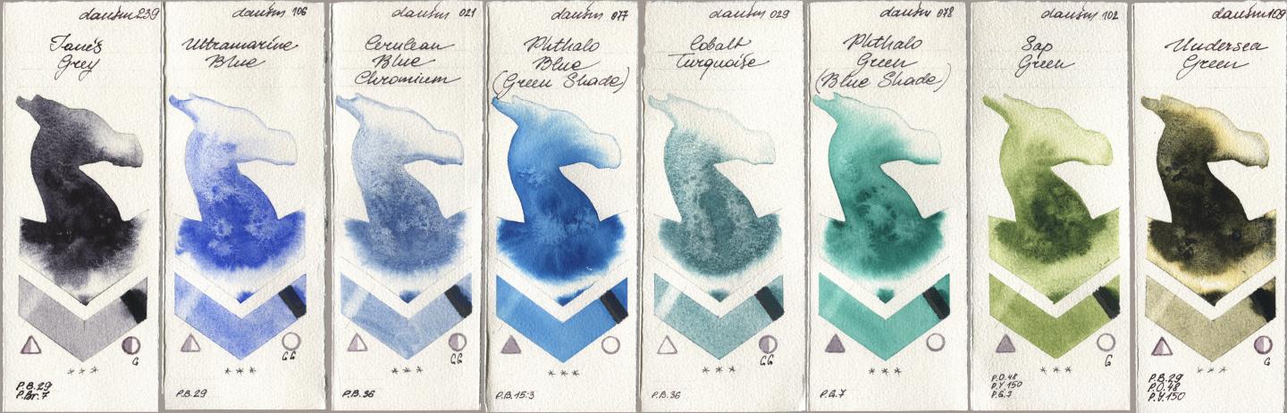 Daniel Smith 239 Janes Grey, 106 Ultramarine Blue, 021 Cerulean Blue Chromium, 077 Phthalo Blue (Green Shade), 029 Cobalt Turquoise, 078 Phthalo Green (Blue Shade), 102 Sap Green, 109 Undersea Gre watercolor swatch