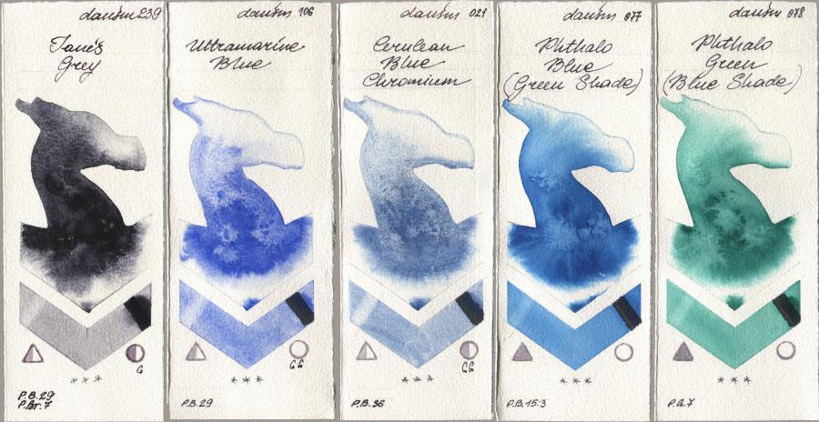 Daniel Smith 239 Janes Grey, 106 Ultramarine Blue, 021 Cerulean Blue Chromium, 077 Phthalo Blue (Green Shade), 078 Phthalo Green (Blue Shad watercolor swatch