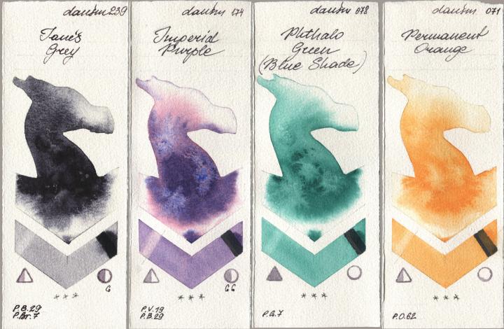 Daniel Smith 239 Janes Grey, 174 Imperial Purple, 078 Phthalo Green (Blue Shade), 071 Permanent Oran watercolor swatch