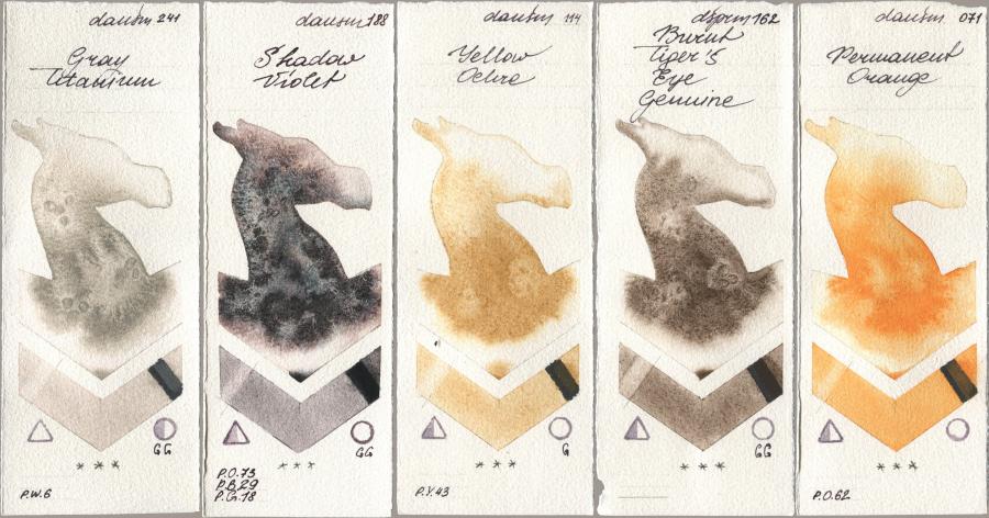 Daniel Smith 241 Gray Titanium, 188 Shadow Violet, 114 Yellow Ochre, 162 Burnt Tigers Eye Genuine, 071 Permanent Oran watercolor swatch