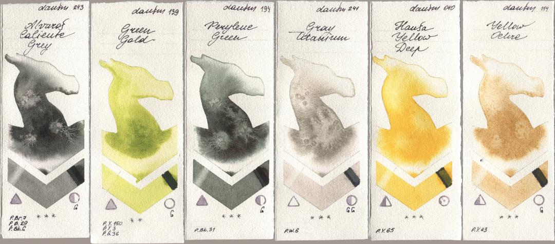 Daniel Smith 243 Alvaros Caliente Grey, 139 Green Gold, 194 Perylene Green, 241 Gray Titanium, 040 Hansa Yellow Deep, 114 Yellow Och watercolor swatch