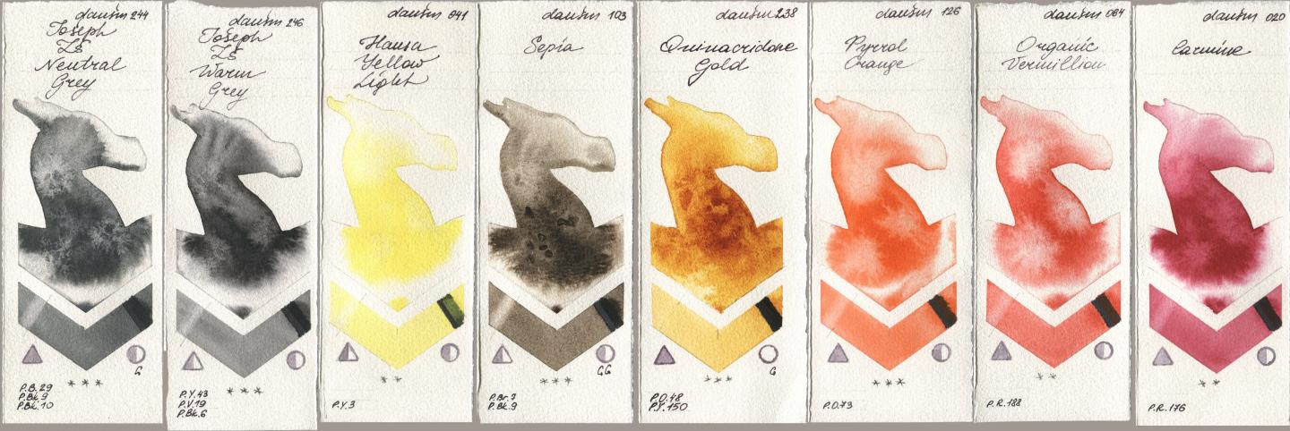 Daniel Smith 244 Joseph Zs Neutral Grey, 246 Joseph Zs Warm Grey, 041 Hansa Yellow Light, 103 Sepia, 238 Quinacridone Gold, 126 Pyrrol Orange, 064 Organic Vermilion, 020 Carmi watercolor swatch