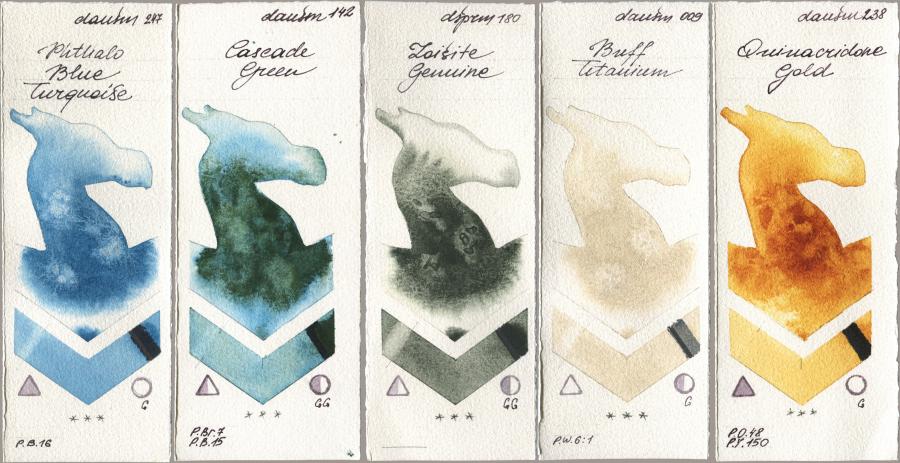 Daniel Smith 247 Phthalo Blue Turquoise, 142 Cascade Green, 180 Zoisite Genuine, 009 Buff Titanium, 238 Quinacridone Go watercolor swatch