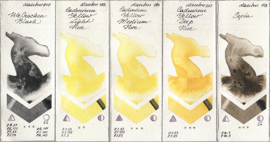 Daniel Smith 248 McCracken Black, 192 Cadmium Yellow Light Hue, 184 Cadmium Yellow Medium Hue, 221 Cadmium Yellow Deep Hue, 103 Sep watercolor swatch