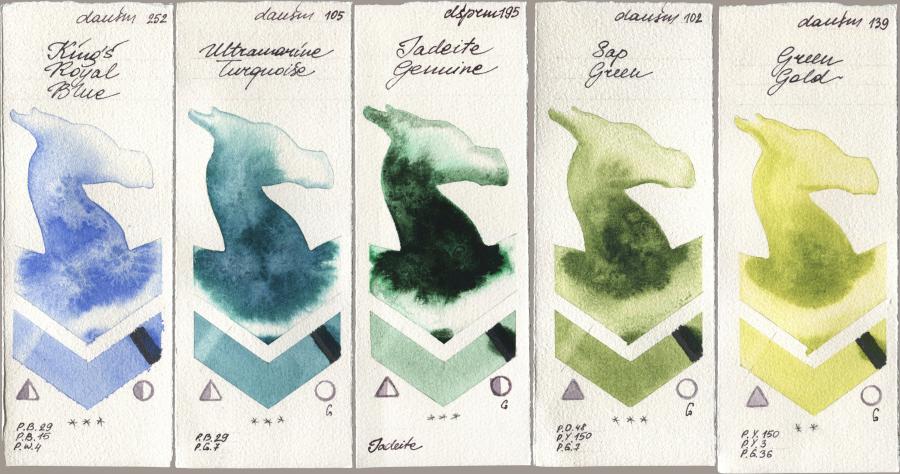 Daniel Smith 252 King’s Royal Blue, 105 Ultramarine Turquoise, 195 Jadeite Genuine, 102 Sap Green, 139 Green Go watercolor swatch
