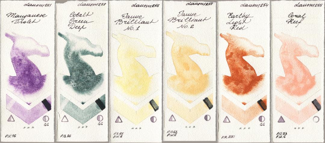 Daniel Smith 261 Manganese Violet, 258 Cobalt Green Deep, 256 Jaune Brilliant No 1, 257 Jaune Brilliant No 2, 254 Earthy Light Red, 255 Coral Re watercolor swatch