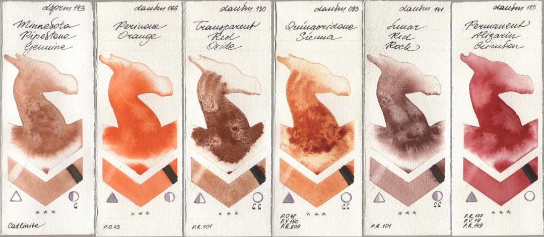 Daniel Smith 143 Minnesota Pipestone Genuine, 066 Perinone Orange, 130 Transparent Red Oxide, 093 Quinacridone Sienna, 141 Lunar Red Rock, 185 Permanent Alizarin Crims watercolor swatch