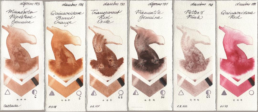 Daniel Smith 143 Minnesota Pipestone Genuine, 086 Quinacridone Burnt Orange, 130 Transparent Red Oxide, 191 Piemontite Genuine, 148 Potters Pink, 091 Quinacridone R watercolor swatch