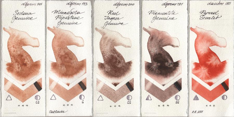 Daniel Smith 145 Sedona Genuine, 143 Minnesota Pipestone Genuine, 240 Red Jasper Genuine, 191 Piemontite Genuine, 085 Pyrrol Scarl watercolor swatch