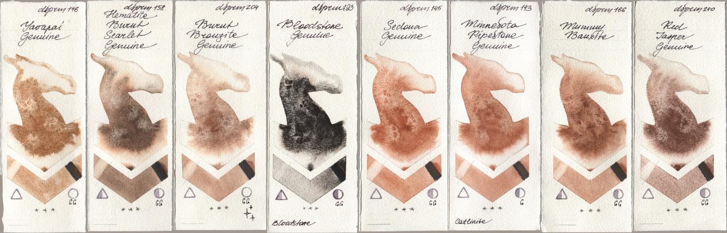 Daniel Smith 146 Yavapai Genuine, 158 Hematite Burnt Scarlet Genuine, 204 Burnt Bronzite Genuine, 193 Bloodstone Genuine, 145 Sedona Genuine, 143 Minnesota Pipestone Genuine, 166 Mummy Bauxite, 240 Red Jasper Genui watercolor swatch