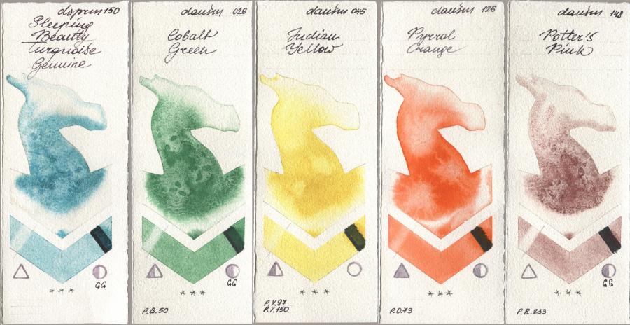 Daniel Smith 150 Sleeping Beauty Turquoise Genuine, 026 Cobalt Green, 045 Indian Yellow, 126 Pyrrol Orange, 148 Potters Pi watercolor swatch