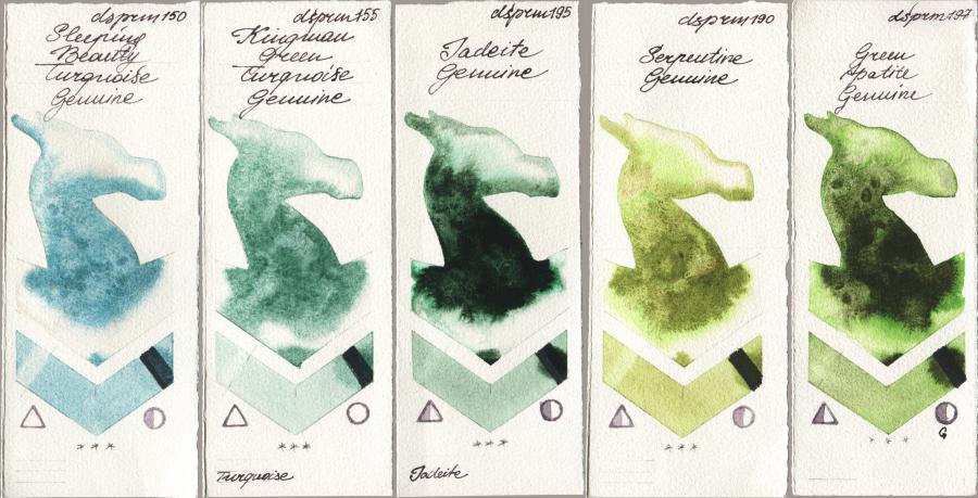 Daniel Smith 150 Sleeping Beauty Turquoise Genuine vs 155 Kingman Green Turquoise Genuine vs 195 Jadeite Genuine vs 190 Serpentine Genuine vs 197 Green Apatite Genuine watercolor swatch