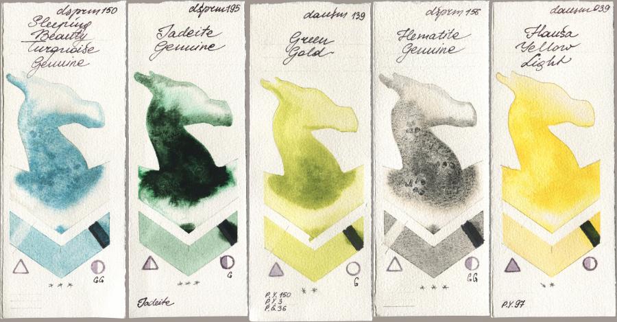 Daniel Smith 150 Sleeping Beauty Turquoise Genuine, 195 Jadeite Genuine, 139 Green Gold, 156 Hematite Genuine, 039 Hansa Yellow Lig watercolor swatch