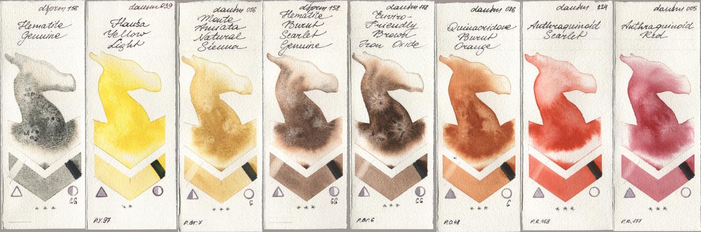 Daniel Smith 156 Hematite Genuine, 039 Hansa Yellow Light, 056 Monte Amiata Natural Sienna, 158 Hematite Burnt Scarlet Genuine, 178 Enviro-Friendly Brown Iron Oxide, 086 Quinacridone Burnt Orange, 224 Anthraquinoid Scarlet, 005 Anthraquinoid R watercolor swatch
