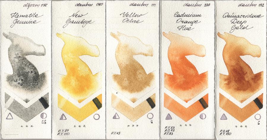 Daniel Smith 156 Hematite Genuine, 060 New Gamboge, 114 Yellow Ochre, 220 Cadmium Orange Hue, 152 Quinacridone Deep Go watercolor swatch