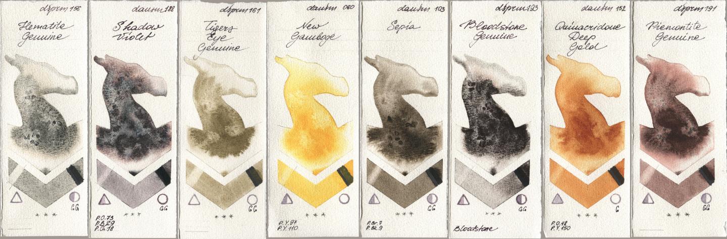 Daniel Smith 156 Hematite Genuine, 188 Shadow Violet, 161 Tigers Eye Genuine, 060 New Gamboge, 103 Sepia, 193 Bloodstone Genuine, 152 Quinacridone Deep Gold, 191 Piemontite Genui watercolor swatch