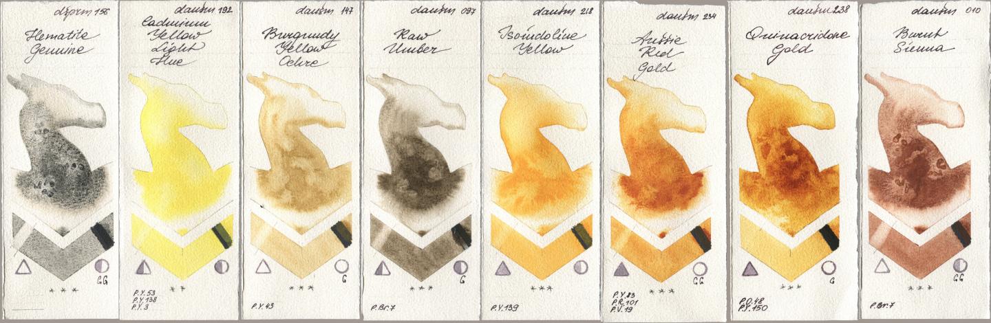 Daniel Smith 156 Hematite Genuine, 192 Cadmium Yellow Light Hue, 147 Burgundy Yellow Ochre, 097 Raw Umber, 218 Isoindoline Yellow, 234 Aussie Red Gold, 238 Quinacridone Gold, 010 Burnt Sien watercolor swatch