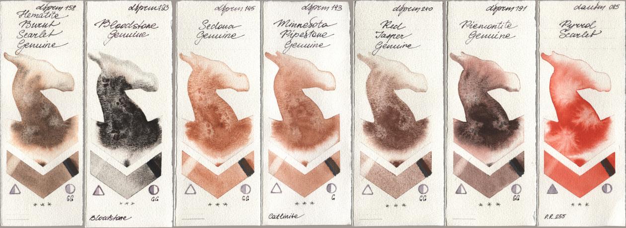 Daniel Smith 158 Hematite Burnt Scarlet Genuine, 193 Bloodstone Genuine, 145 Sedona Genuine, 143 Minnesota Pipestone Genuine, 240 Red Jasper Genuine, 191 Piemontite Genuine, 085 Pyrrol Scarl watercolor swatch