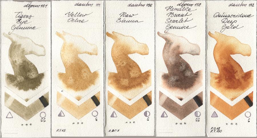 Daniel Smith 161 Tigers Eye Genuine, 114 Yellow Ochre, 096 Raw Sienna, 158 Hematite Burnt Scarlet Genuine, 152 Quinacridone Deep Go watercolor swatch