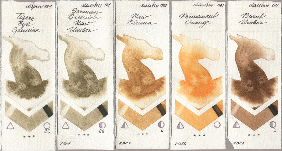 Daniel Smith 161 Tigers Eye Genuine, 121 German Greenish Raw Umber, 096 Raw Sienna, 071 Permanent Orange, 011 Burnt Umb watercolor swatch