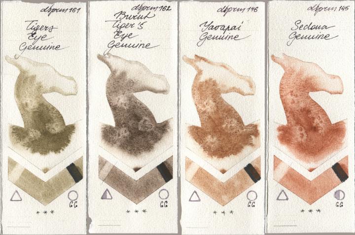 Daniel Smith 161 Tigers Eye Genuine, 162 Burnt Tigers Eye Genuine, 146 Yavapai Genuine, 145 Sedona Genui watercolor swatch