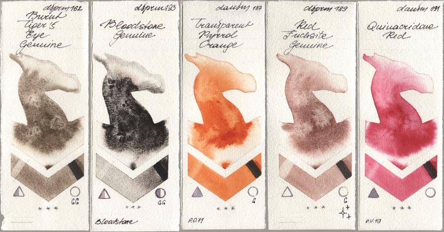 Daniel Smith 162 Burnt Tigers Eye Genuine, 193 Bloodstone Genuine, 187 Transparent Pyrrol Orange, 189 Red Fuchsite Genuine, 091 Quinacridone R watercolor swatch