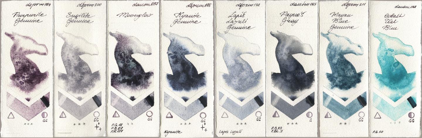 Daniel Smith 164 Purpurite Genuine, 200 Sugilite Genuine, 057 Moonglow, 186 Kyanite Genuine, 138 Lapis Lazuli Genuine, 065 Paynes Gray, 211 Mayan Blue Genuine, 028 Cobalt Teal Bl watercolor swatch