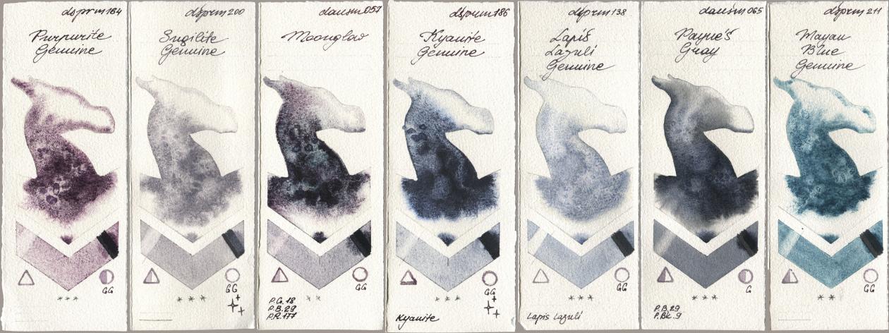 Daniel Smith 164 Purpurite Genuine, 200 Sugilite Genuine, 057 Moonglow, 186 Kyanite Genuine, 138 Lapis Lazuli Genuine, 065 Paynes Gray, 211 Mayan Blue Genui watercolor swatch