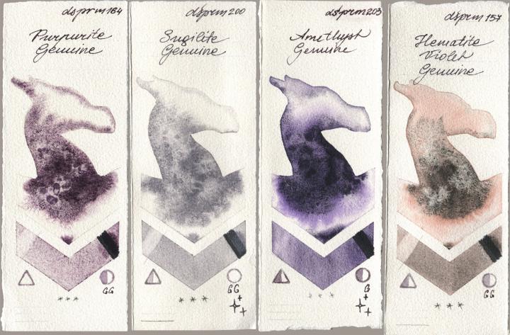 Daniel Smith 164 Purpurite Genuine, 200 Sugilite Genuine, 203 Amethyst Genuine, 157 Hematite Violet Genui watercolor swatch