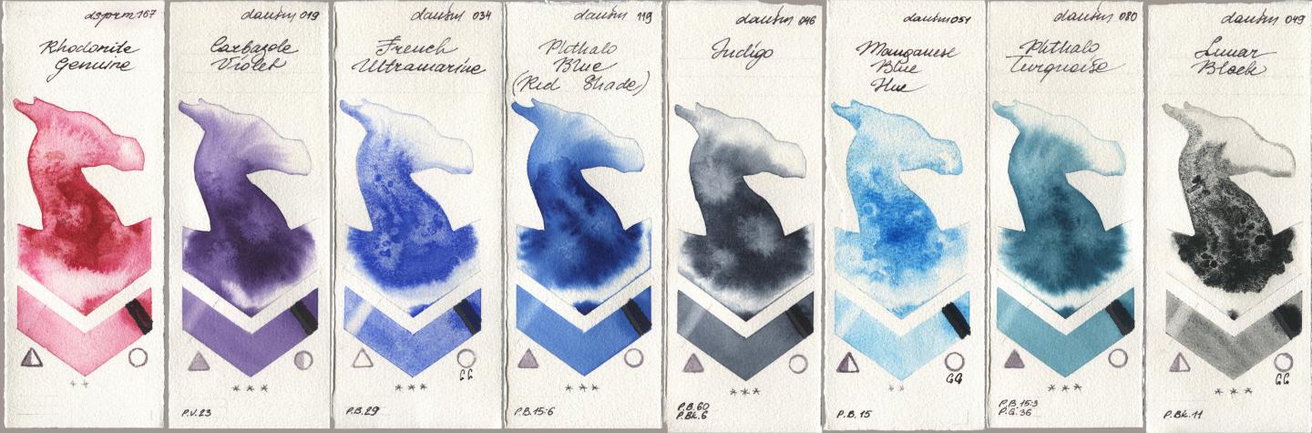 Daniel Smith 167 Rhodonite Genuine, 019 Carbazole Violet, 034 French Ultramarine, 119 Phthalo Blue (Red Shade), 046 Indigo, 051 Manganese Blue Hue, 080 Phthalo Turquoise, 049 Lunar Bla watercolor swatch