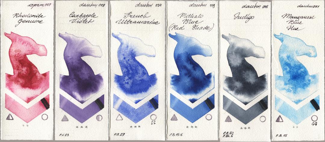 Daniel Smith 167 Rhodonite Genuine, 019 Carbazole Violet, 034 French Ultramarine, 119 Phthalo Blue (Red Shade), 046 Indigo, 051 Manganese Blue H watercolor swatch