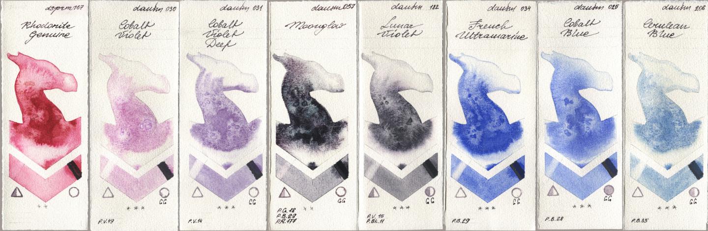 Daniel Smith 167 Rhodonite Genuine, 030 Cobalt Violet, 031 Cobalt Violet Deep, 057 Moonglow, 182 Lunar Violet, 034 French Ultramarine, 025 Cobalt Blue, 206 Cerulean Bl watercolor swatch