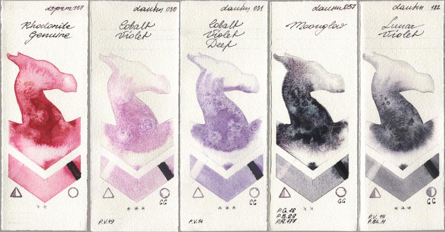 Daniel Smith 167 Rhodonite Genuine, 030 Cobalt Violet, 031 Cobalt Violet Deep, 057 Moonglow, 182 Lunar Viol watercolor swatch