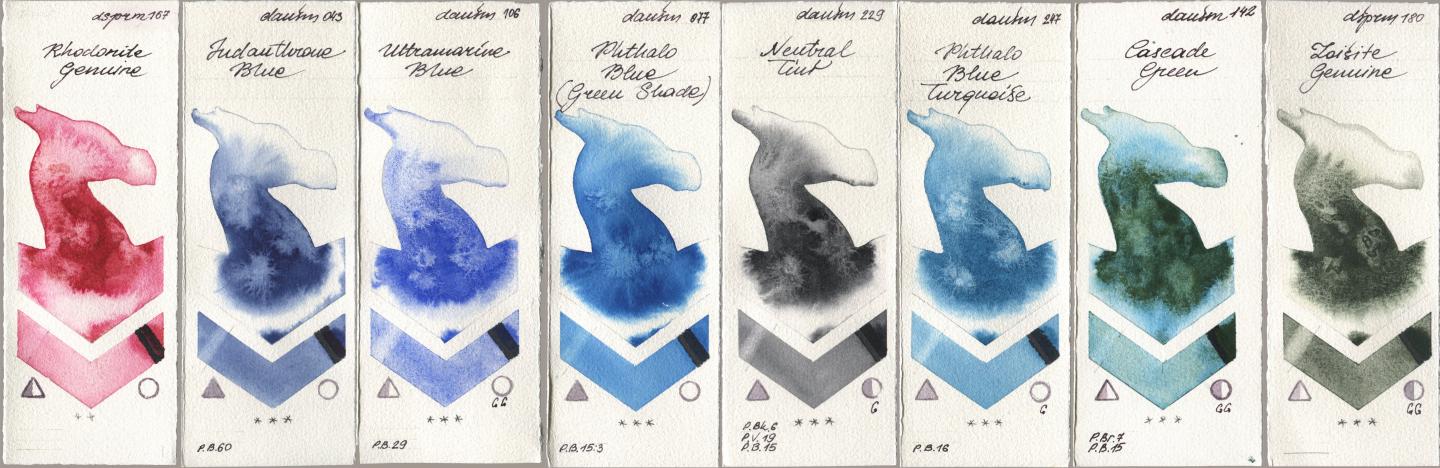 Daniel Smith 167 Rhodonite Genuine, 043 Indanthrone Blue, 106 Ultramarine Blue, 077 Phthalo Blue (Green Shade), 229 Neutral Tint, 247 Phthalo Blue Turquoise, 142 Cascade Green, 180 Zoisite Genui watercolor swatch