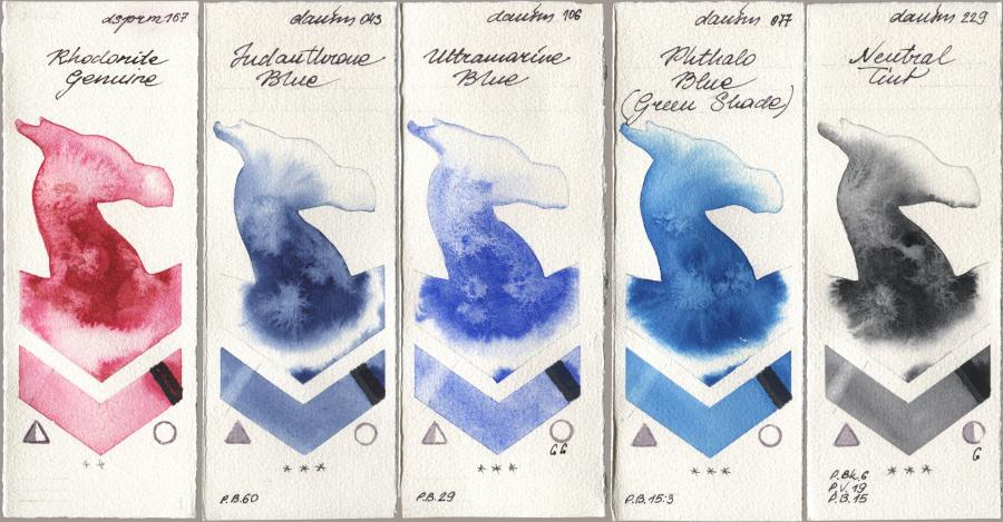 Daniel Smith 167 Rhodonite Genuine, 043 Indanthrone Blue, 106 Ultramarine Blue, 077 Phthalo Blue (Green Shade), 229 Neutral Ti watercolor swatch