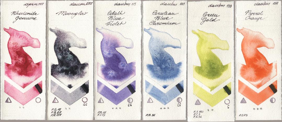 Daniel Smith 167 Rhodonite Genuine, 057 Moonglow, 115 Cobalt Blue Violet, 021 Cerulean Blue Chromium, 139 Green Gold, 126 Pyrrol Oran watercolor swatch