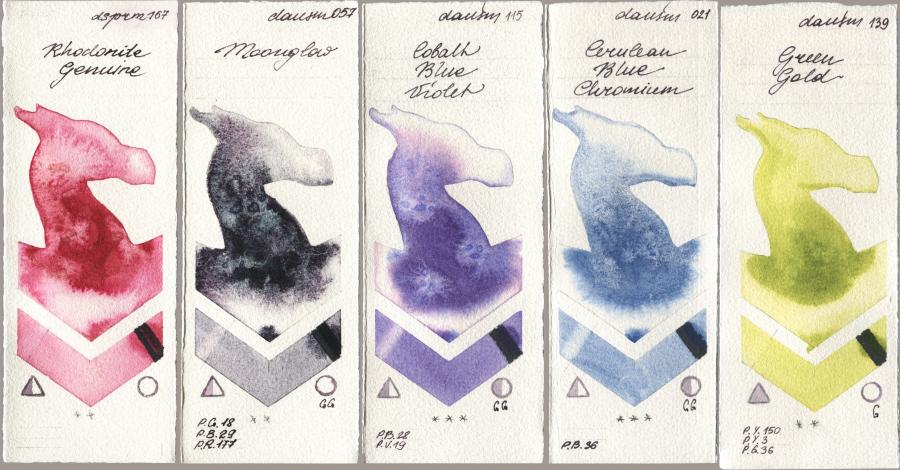 Daniel Smith 167 Rhodonite Genuine, 057 Moonglow, 115 Cobalt Blue Violet, 021 Cerulean Blue Chromium, 139 Green Go watercolor swatch