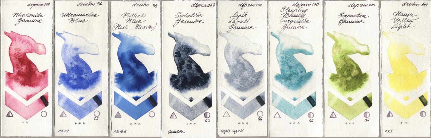 Daniel Smith 167 Rhodonite Genuine, 106 Ultramarine Blue, 119 Phthalo Blue (Red Shade), 179 Sodalite Genuine, 138 Lapis Lazuli Genuine, 150 Sleeping Beauty Turquoise Genuine, 190 Serpentine Genuine, 041 Hansa Yellow Lig watercolor swatch