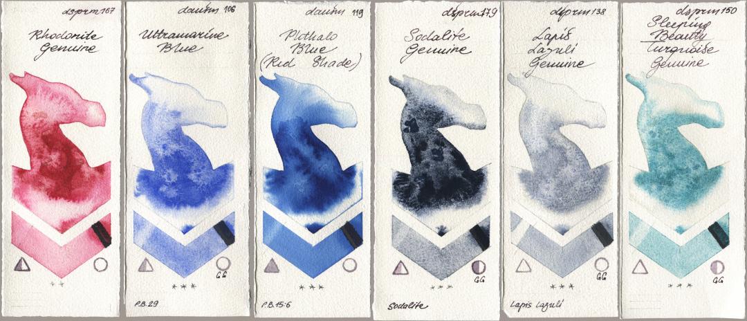 Daniel Smith 167 Rhodonite Genuine, 106 Ultramarine Blue, 119 Phthalo Blue (Red Shade), 179 Sodalite Genuine, 138 Lapis Lazuli Genuine, 150 Sleeping Beauty Turquoise Genui watercolor swatch