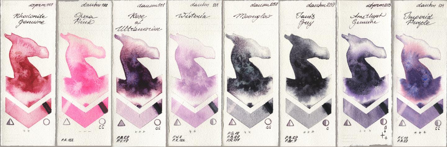 Daniel Smith 167 Rhodonite Genuine, 198 Opera Pink, 101 Rose of Ultramarine, 231 Wisteria, 057 Moonglow, 239 Janes Grey, 203 Amethyst Genuine, 174 Imperial Purp watercolor swatch