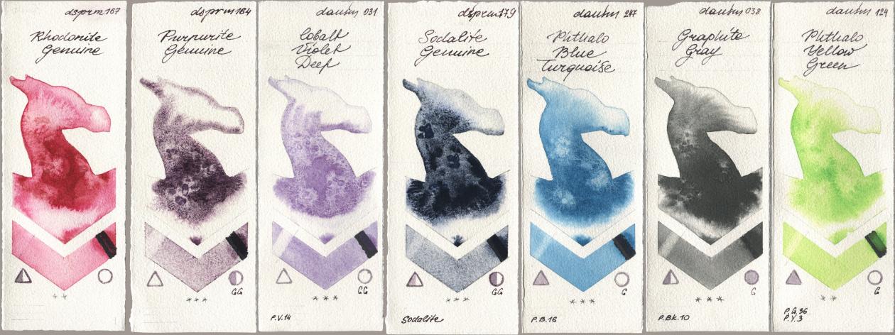 Daniel Smith 167 Rhodonite Genuine, 164 Purpurite Genuine, 031 Cobalt Violet Deep, 179 Sodalite Genuine, 247 Phthalo Blue Turquoise, 038 Graphite Gray, 124 Phthalo Yellow Gre watercolor swatch