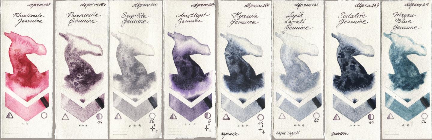 Daniel Smith 167 Rhodonite Genuine, 164 Purpurite Genuine, 200 Sugilite Genuine, 203 Amethyst Genuine, 186 Kyanite Genuine, 138 Lapis Lazuli Genuine, 179 Sodalite Genuine, 211 Mayan Blue Genui watercolor swatch