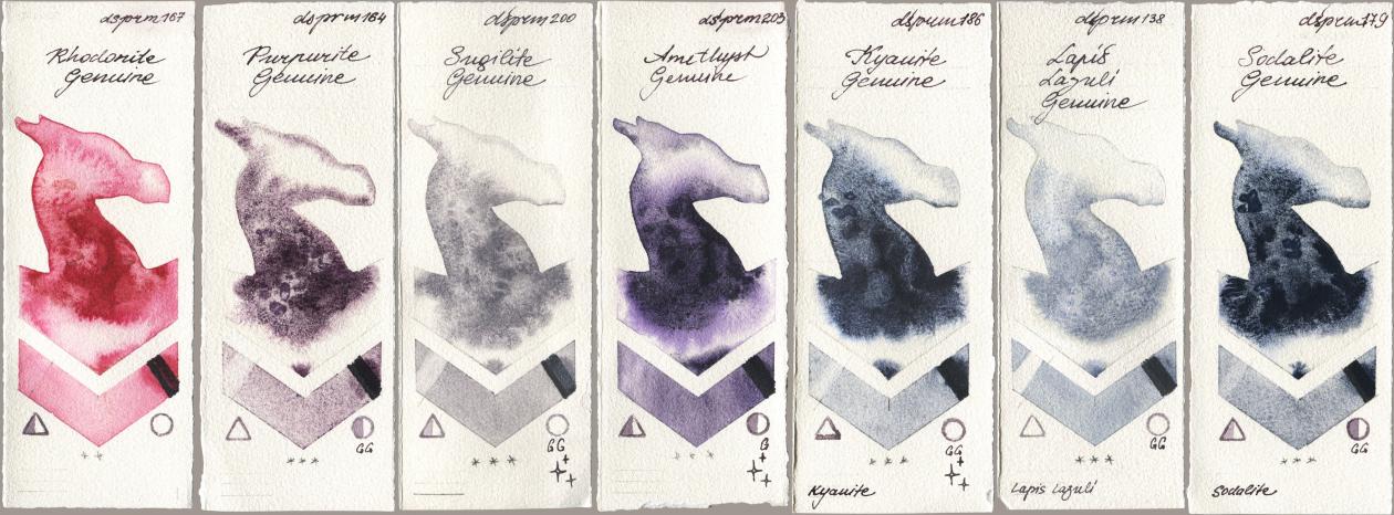Daniel Smith 167 Rhodonite Genuine, 164 Purpurite Genuine, 200 Sugilite Genuine, 203 Amethyst Genuine, 186 Kyanite Genuine, 138 Lapis Lazuli Genuine, 179 Sodalite Genui watercolor swatch