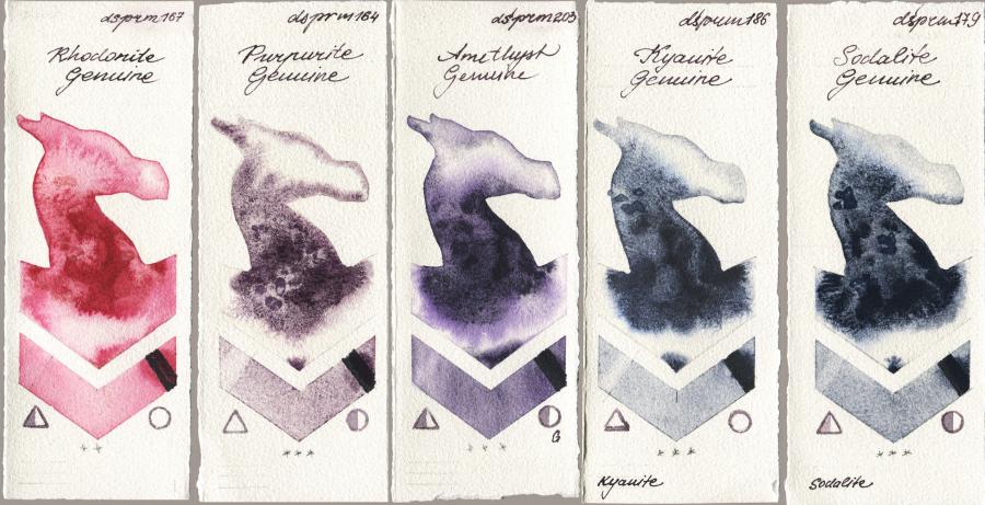 Daniel Smith 167 Rhodonite Genuine vs 164 Purpurite Genuine vs 203 Amethyst Genuine vs 186 Kyanite Genuine vs 179 Sodalite Genuine watercolor swatch