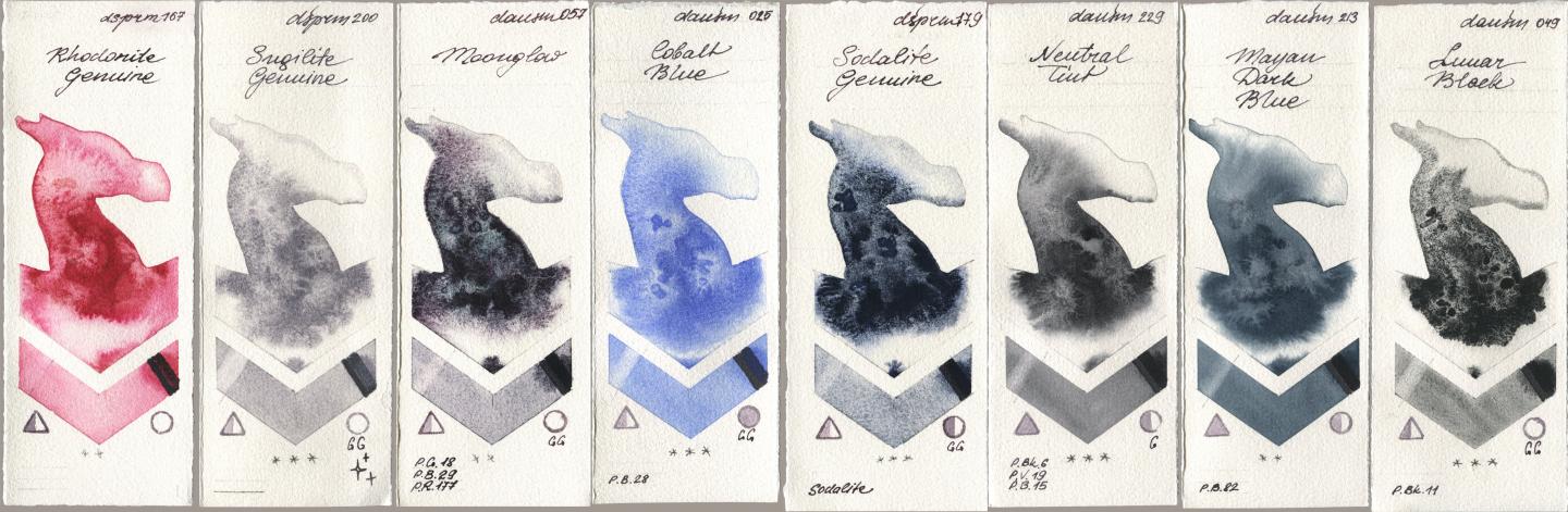 Daniel Smith 167 Rhodonite Genuine, 200 Sugilite Genuine, 057 Moonglow, 025 Cobalt Blue, 179 Sodalite Genuine, 229 Neutral Tint, 213 Mayan Dark Blue, 049 Lunar Bla watercolor swatch