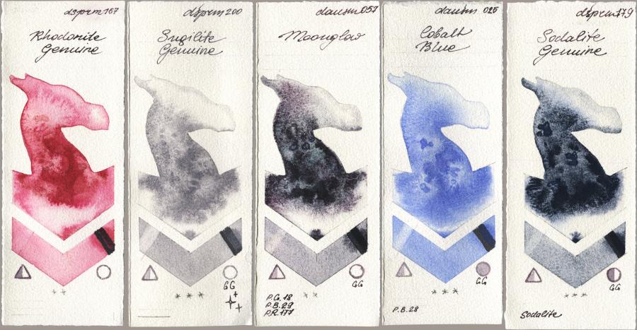 Daniel Smith 167 Rhodonite Genuine, 200 Sugilite Genuine, 057 Moonglow, 025 Cobalt Blue, 179 Sodalite Genui watercolor swatch