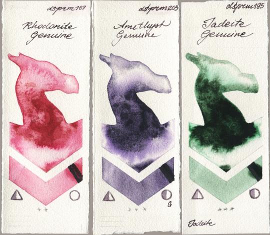 Daniel Smith 167 Rhodonite Genuine vs 203 Amethyst Genuine vs 195 Jadeite Genuine watercolor swatch