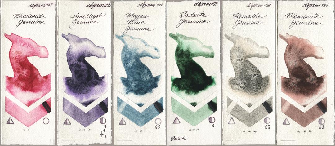 Daniel Smith 167 Rhodonite Genuine, 203 Amethyst Genuine, 211 Mayan Blue Genuine, 195 Jadeite Genuine, 156 Hematite Genuine, 191 Piemontite Genui watercolor swatch