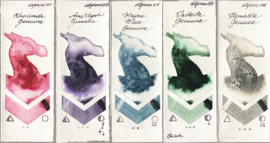 Daniel Smith 167 Rhodonite Genuine, 203 Amethyst Genuine, 211 Mayan Blue Genuine, 195 Jadeite Genuine, 156 Hematite Genui watercolor swatch